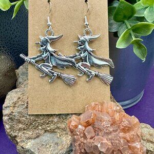 Witch on a Broomstick Earrings fun for Halloween!  Handmade, Brand new